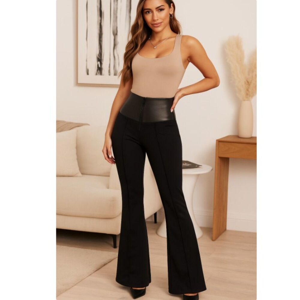 Andrea Bogosian Black Leather Pants NWT Trim High Waist Flare Retail $296 Sz 4/6